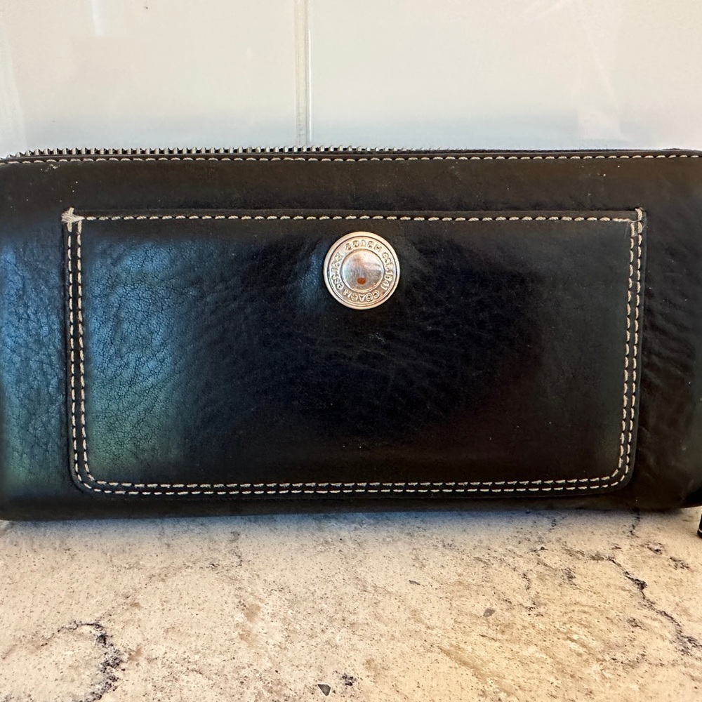 Black Leather Coach Wallet with Silver Button
